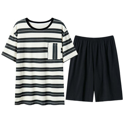 Stripe Pocket Tightly Woven Pure Cotton Short Sleeves Lounge Set