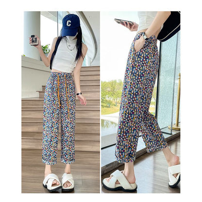Floral Print Straight High-Waisted Casual Cropped Loose-Fit Slimming Thin Pants