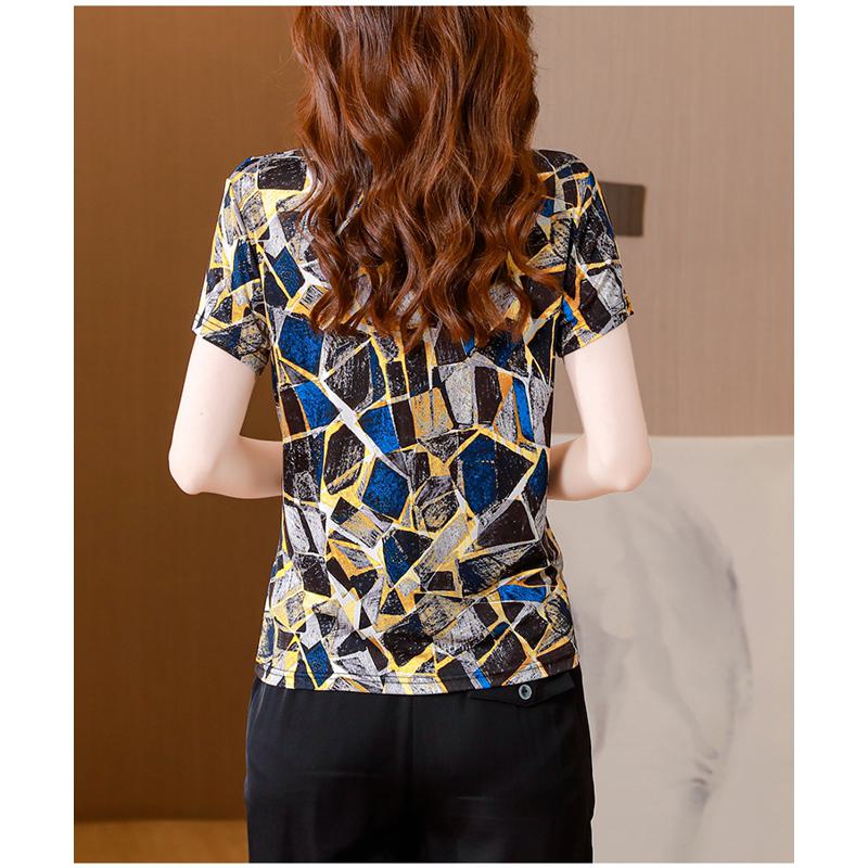 Double-Sided Pullover Print V-Neck Loose Fit Silky Luster Mulberry Silk Knitted Short Sleeve Tee