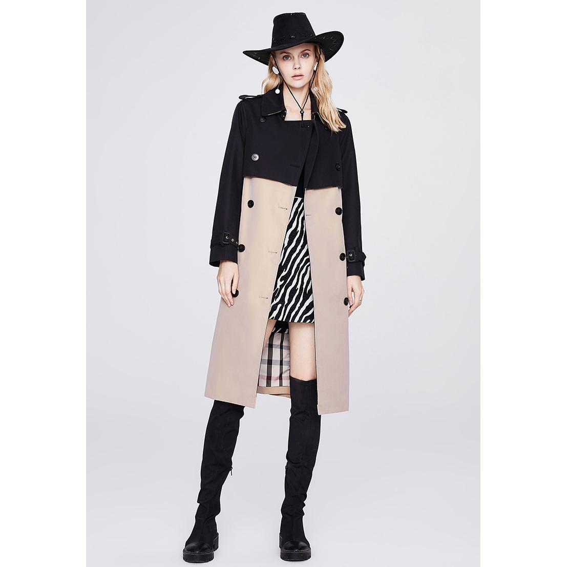 Belted Double Breasted Color Block Trench Coat