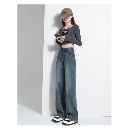 Casual Floor-Length Straight Style High-Waisted Wide-Leg Retro Jeans