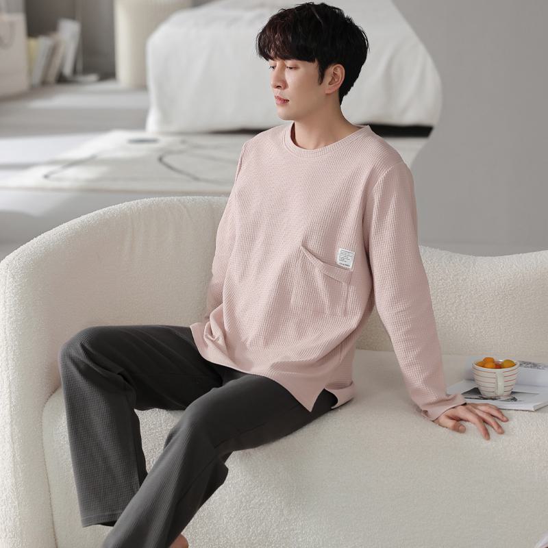 Round Neck Houndstooth Pocket Split Pullover Long Sleeve Tightly Woven Pure Cotton Lounge Set