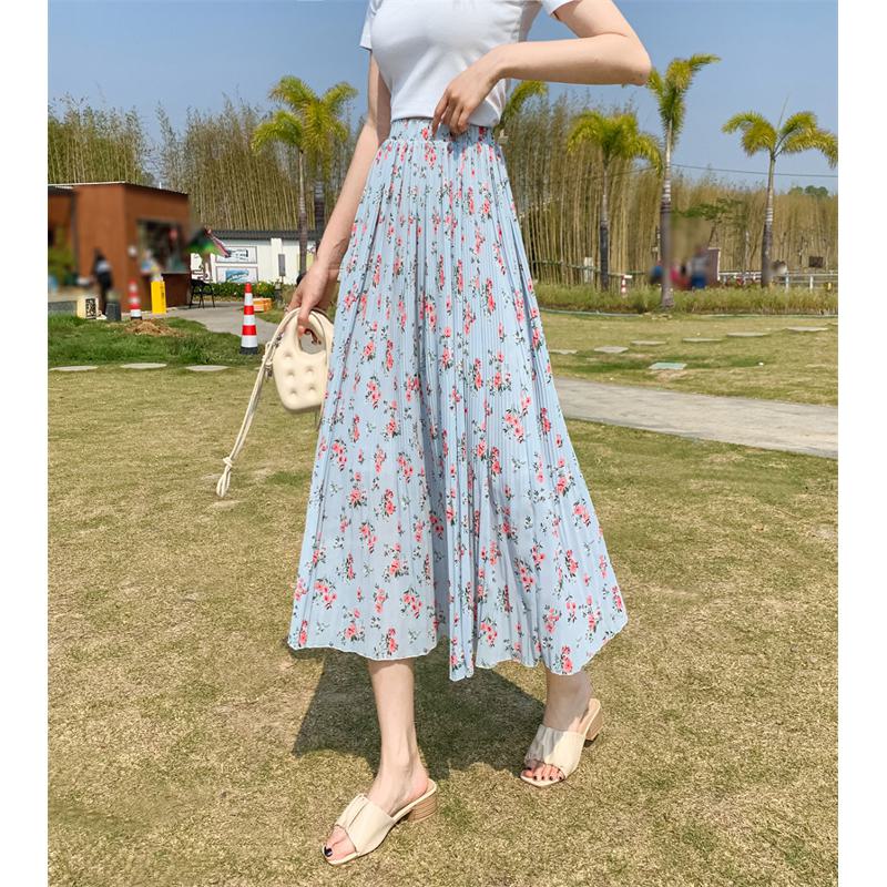 Accordion Pleat Skirt Pleated Chiffon Pastoral Floral Print Midi Skirt