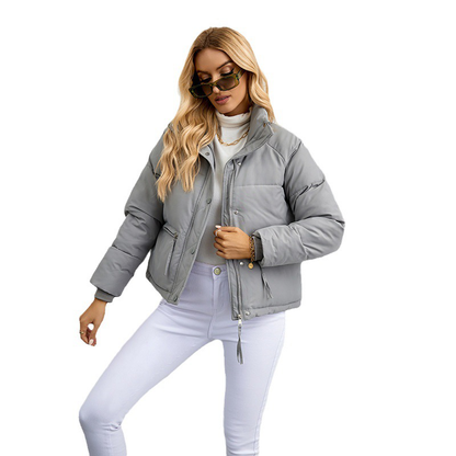 Cropped Zippered Pocket Stand-Up Collar Puffer Jacket