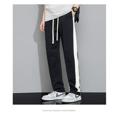 Black Stripe Casual Sports Patchwork Side Loose Fit Straight Pants