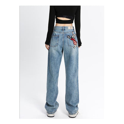 Slimming Little Rabbit Loose-Fit Straight High-Waisted Embroidery Jeans