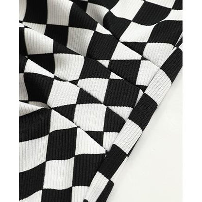 Women's T-Shirts Checkered Print Asymmetrical Hem Long Sleeve Tee