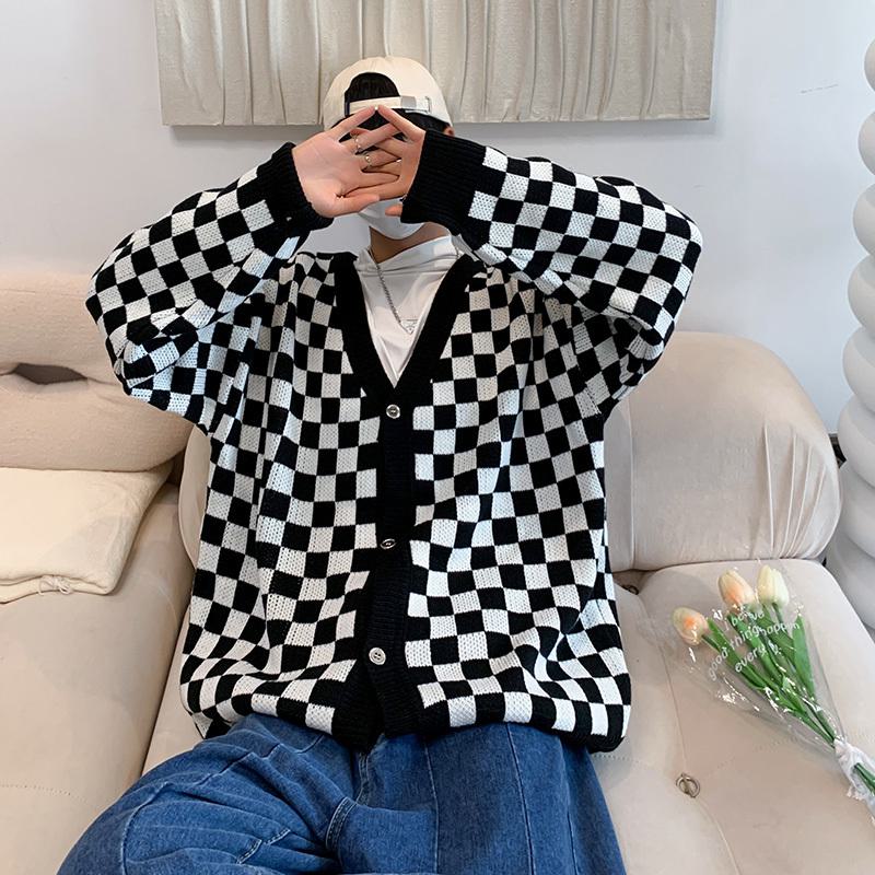 Trendiger Color-Block-Cardigan, locker gestrickter Schachbrettpullover