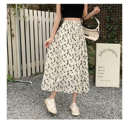 Floral Print Midi Elastic Waist Versatile Mesh Skirt