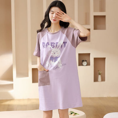 Adhesive Pocket Patchwork Tightly Woven Pure Cotton Bunny Lounge Dress