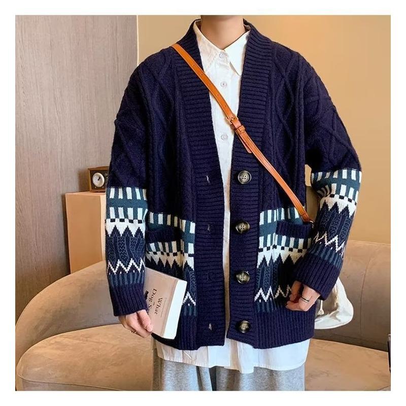 Jacquard Color-Blocking Loose-Fit Lazy Knitted Versatile Cardigan