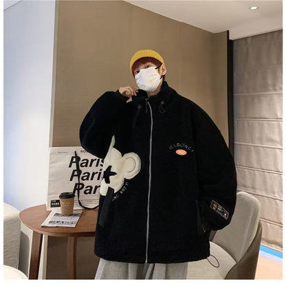 Trendiger Fleece-Mantel mit Harajuku-Stickerei und Reverskragen