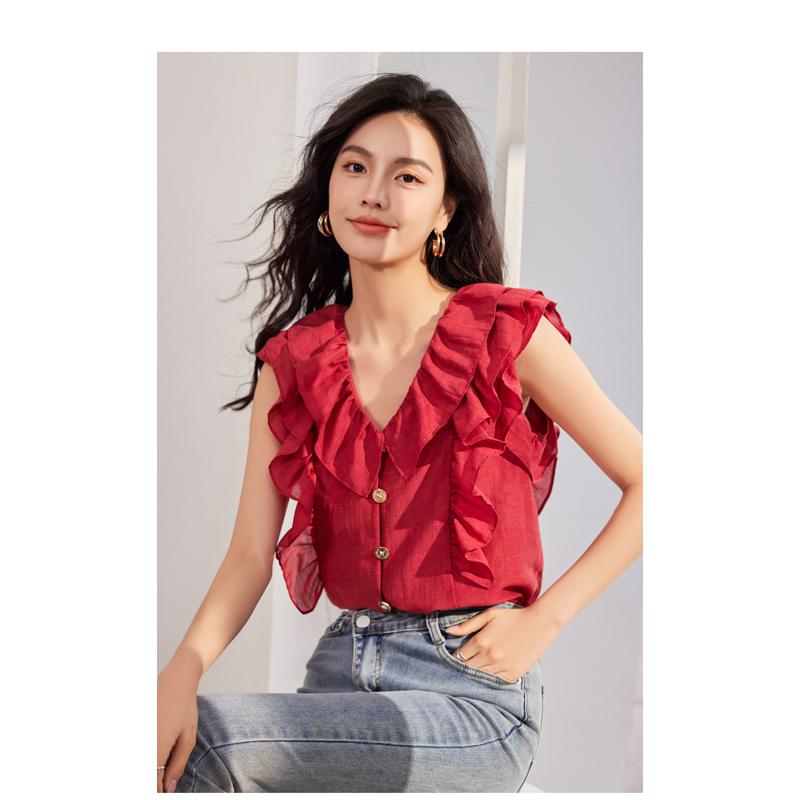 Ärmellose rote Blusen mit flatternden Ärmeln und Rüschenbesatz im französischen Stil mit V-Ausschnitt