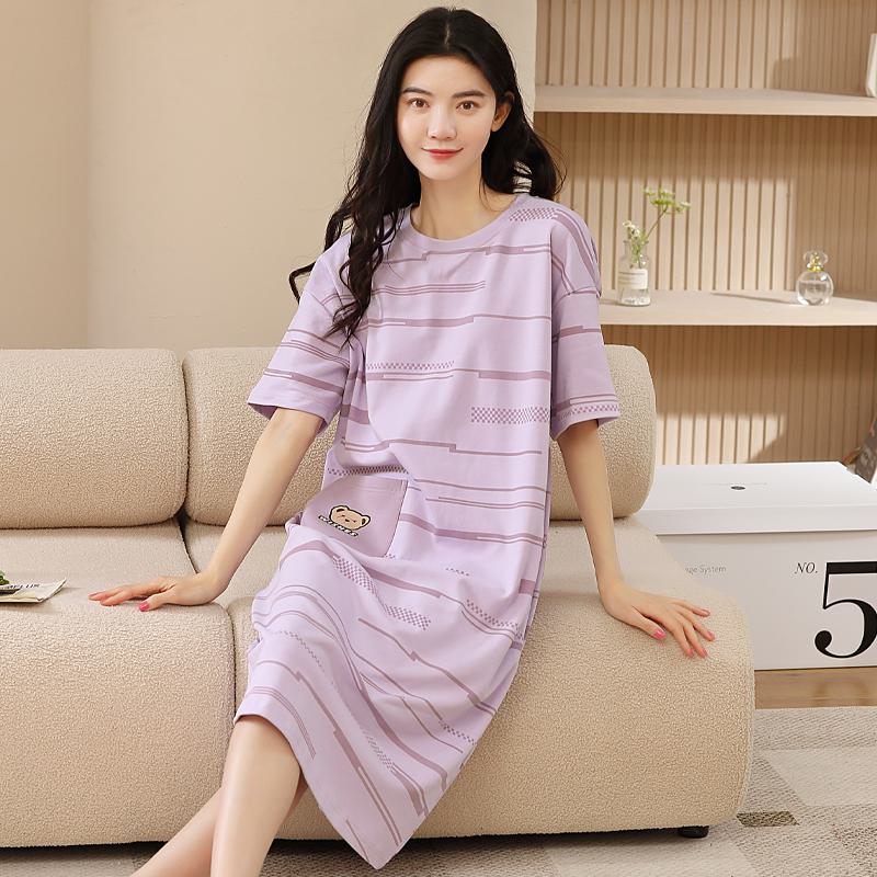 Simplicity Tightly Woven Pure Cotton Stripe Bear Pattern Lounge Dress