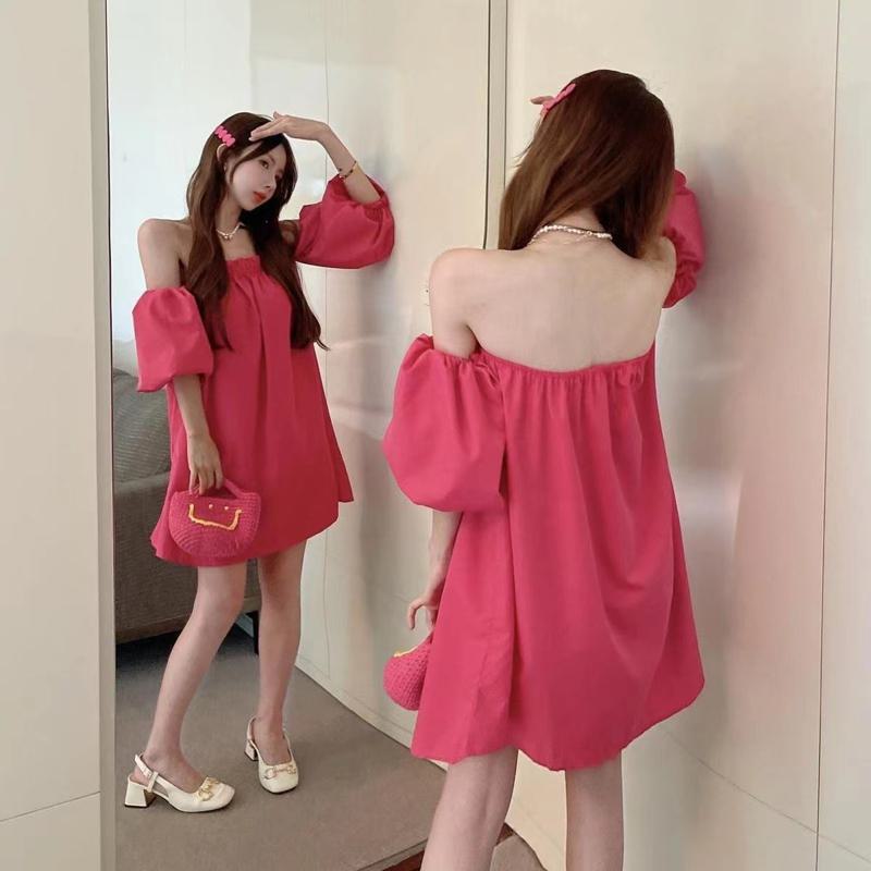 Slimming Solid Bubble Sleeve Off-Shoulder Loose Fit Dress