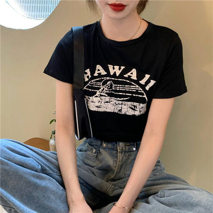 Women's T-Shirts Cropped Round Neck Letter Retro Short Sleeve Tee