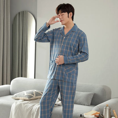 Conjunto de pijama con botones delanteros a cuadros en azul con solapa de algodón estampado