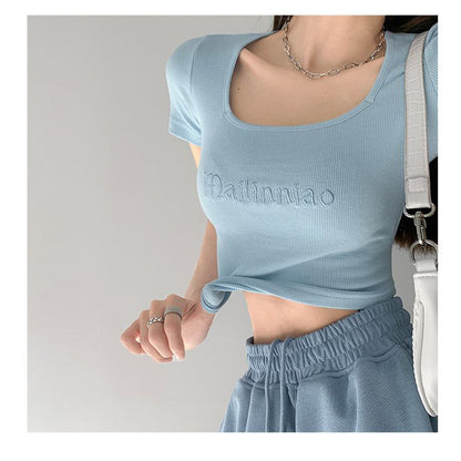 Embroidery Navel-Baring Low Waist Slim-Fit Pit Strip Clavicle Square Collar Letter Low-Cut Short Sleeve Tee