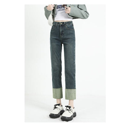 Pocket Loose Fit Color Blocking Straight High-Waisted Wide-Leg Jeans