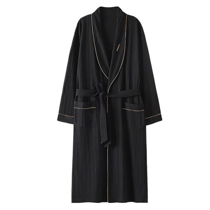 Long Sleeve Black Belted Cotton Night Robe