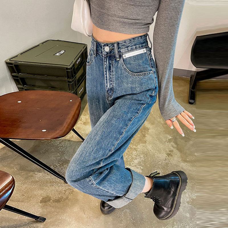 High-Waisted Wide-Leg Straight Floor-Length Jeans