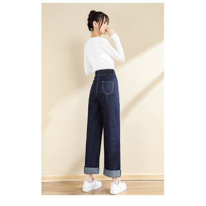 Slimming Floor-Length Draping Loose Fit Straight High-Waisted Wide-Leg Jeans
