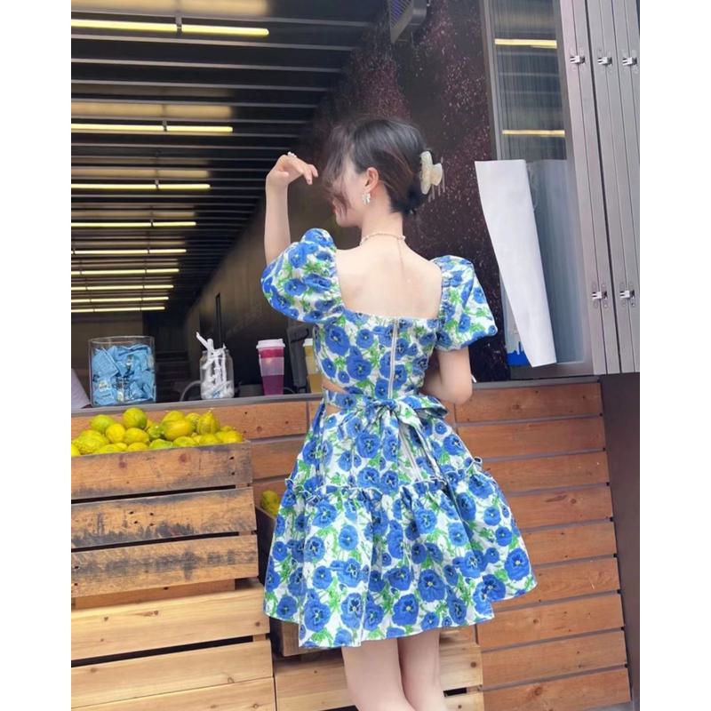 Blue Low Waist Bubble Sleeve Square Collar Niche Floral Print Mesh Dress