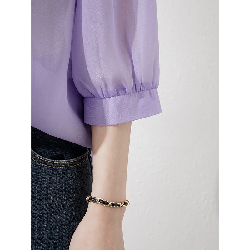 Schicke, schmale lila Chiffon-Blusen mit halben Ärmeln, Figurschmeichelnde Passform