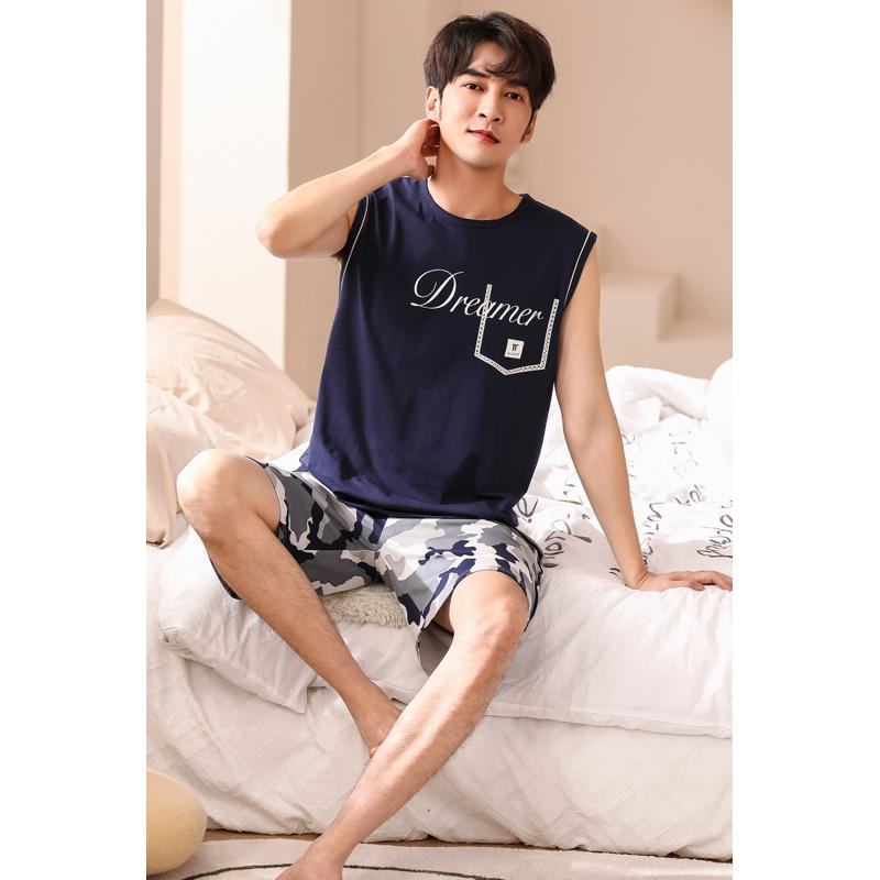 Sleeveless Tightly Woven Pure Cotton Camouflage Letter Lounge Set