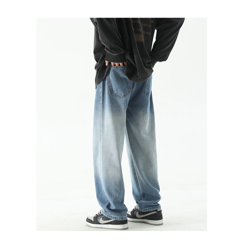Jeans rectos de tiro alto con cintura elástica y cordón en colores degradados.
