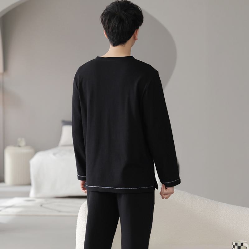 Tightly Woven Pure Cotton Pullover Round Neck Solid Color Black Houndstooth Long Sleeve Lounge Set
