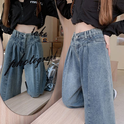 Casual Cinched Waist Loose Fit Denim Retro Draping Straight Jeans