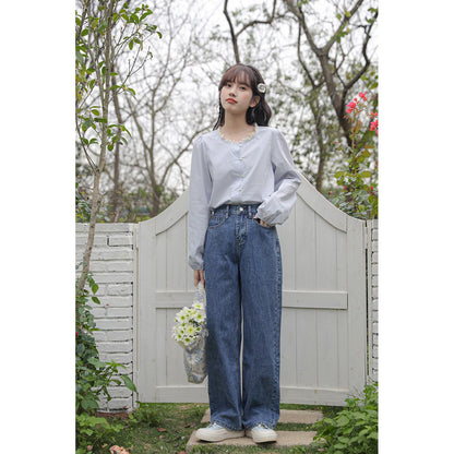 Versatile Wide-Leg Solid Color Simplicity Loose Fit Straight Leg High-Waisted Jeans