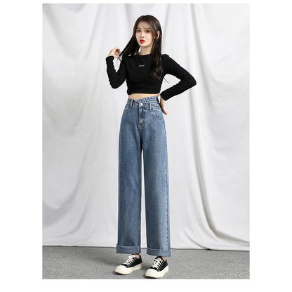 Loose Fit Wide-Leg Draping Slimming Floor-Length High-Waisted Irregular Straight Jeans