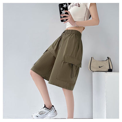 Pantalones cortos casuales de talle alto y cintura ajustable con cordón, estilo callejero y pierna ancha para adelgazar.