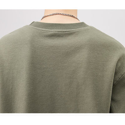 Pure Cotton Round Neck Loose Fit Patched Detail Retro Pullover Versatile Sweatshirt