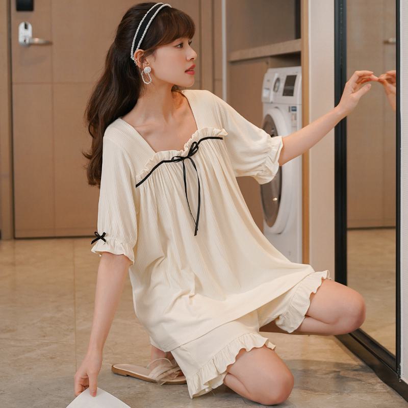Square Collar Solid Tie-Up Pleated Modal Pj Set
