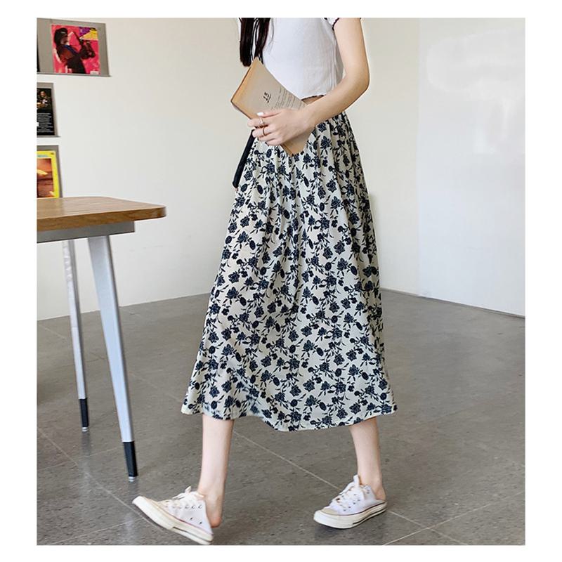 High-Waisted Lining Print Retro French Style Mesh Skirt
