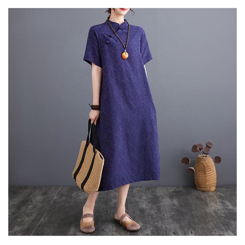 Vestido de lino suelto estilo retro jacquard con toque zen
