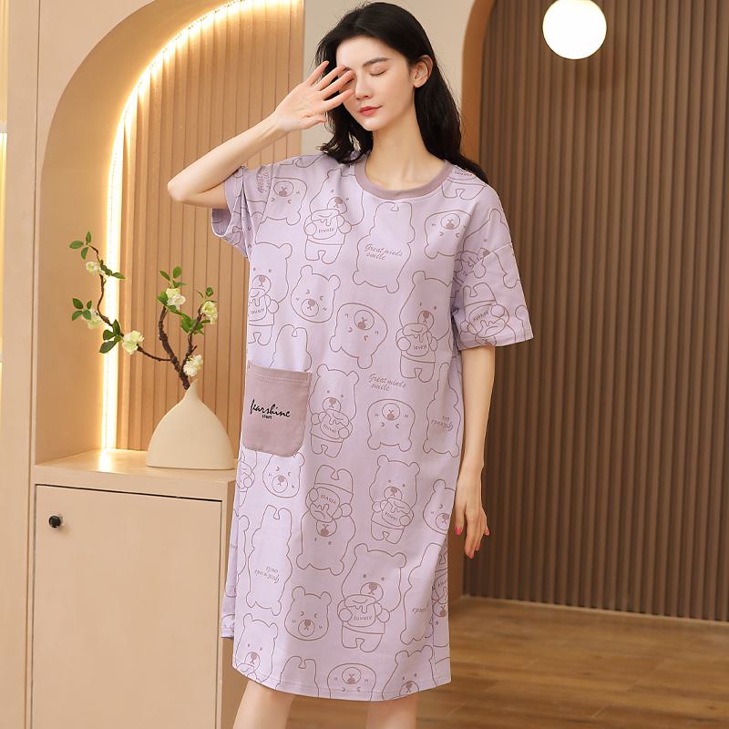 Tightly Woven Pure Cotton Bear Pattern Purple Adhesive Pocket Midi Lounge Dress