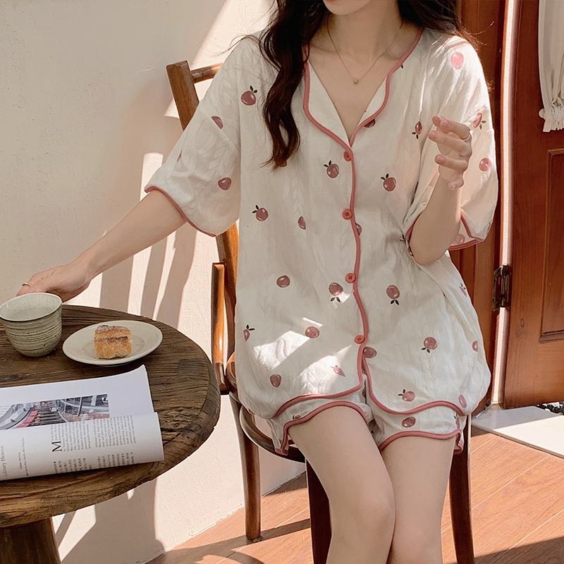Conjunto de Pijama Lindo de Cereza con Mangas Cortas y Botones