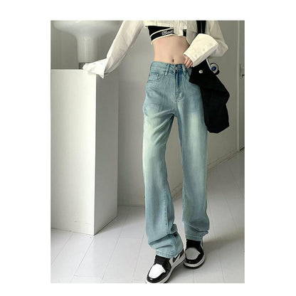 Floor-Length Worn-Out Look Tencel Loose Fit Straight Three Colors Wide-Leg Jeans
