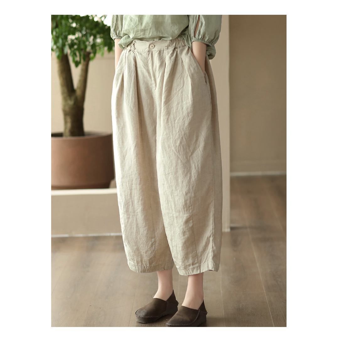 Pantalon ample en lin rétro décontracté à taille haute et motif artistique