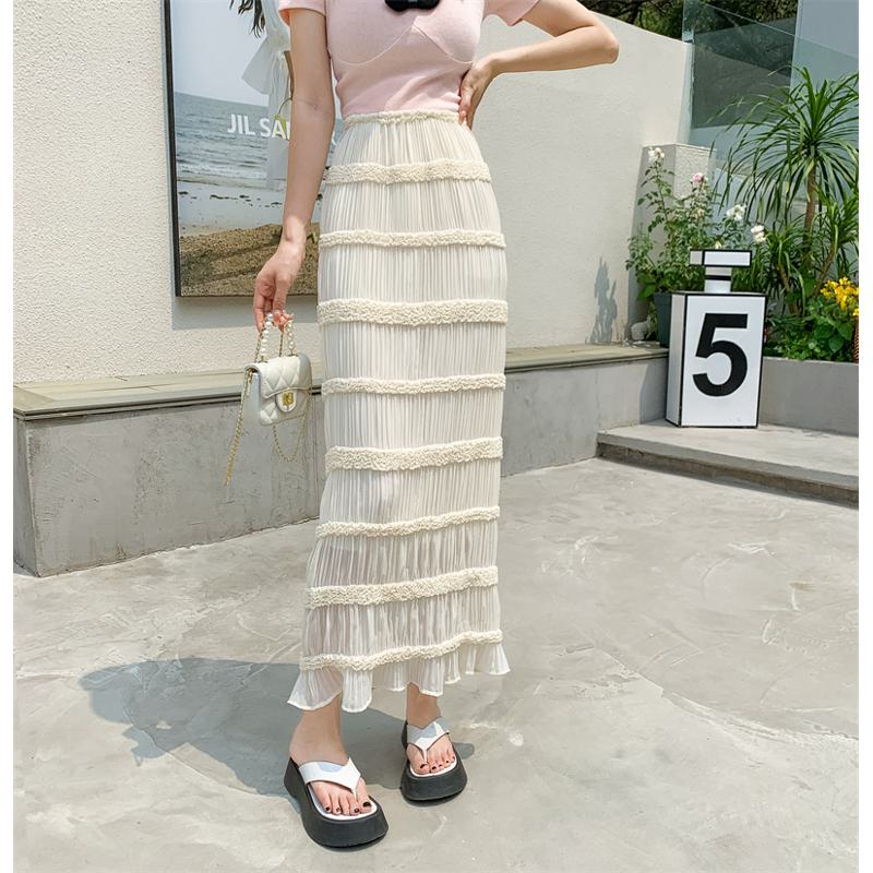 Solid Patchwork Chiffon Versatile Lace French Style Elastic Waist Skirt