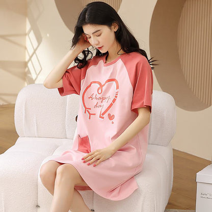 Tightly Woven Pure Cotton Letter Pink Heart-Shaped Cute Lounge Dress