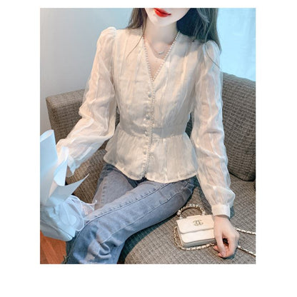Cinched Waist Lace V-Neck Pearl Chiffon Blouse