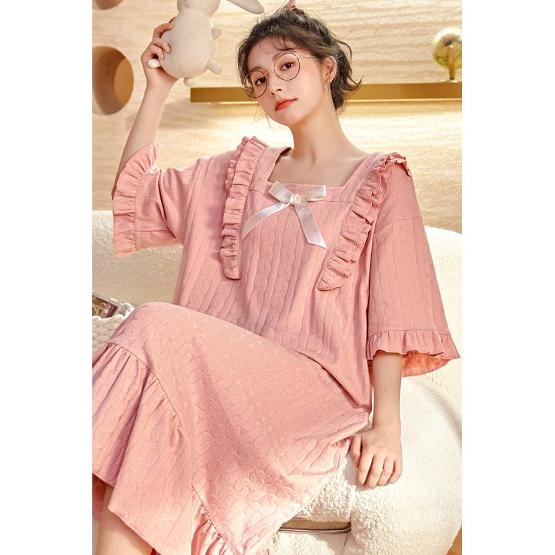 Solid Color Cotton Crash Color Pleated Pink Jacquard Night Dress