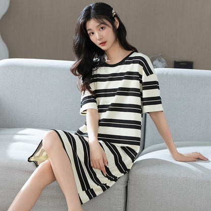 Pure Cotton Black And White Round Neck Pullover Stripe Lounge Dress