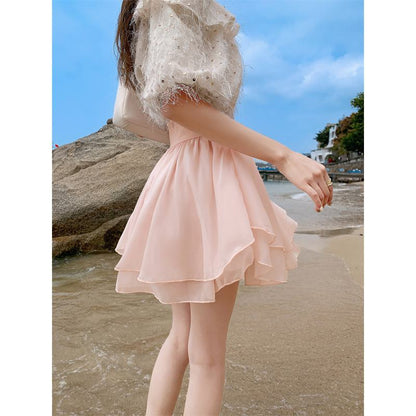 Cropped A-Line High-Waisted Pleated Midi Skirt Vitality Fluffy Skirt