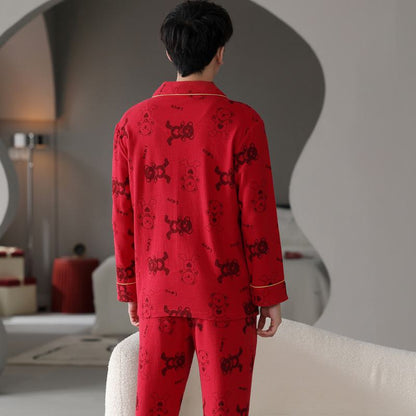 Pyjama-Set aus fest gewebter reiner Baumwolle mit Karomuster, Knopfleiste vorne, Cartoon-Bärenmotiv